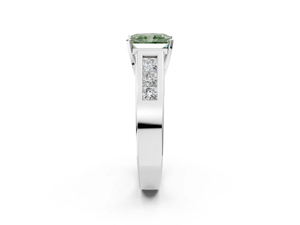 White gold Fancy Green Radiant Cut Cut Channel Set Solitaire Ring with Four-Prong Setting