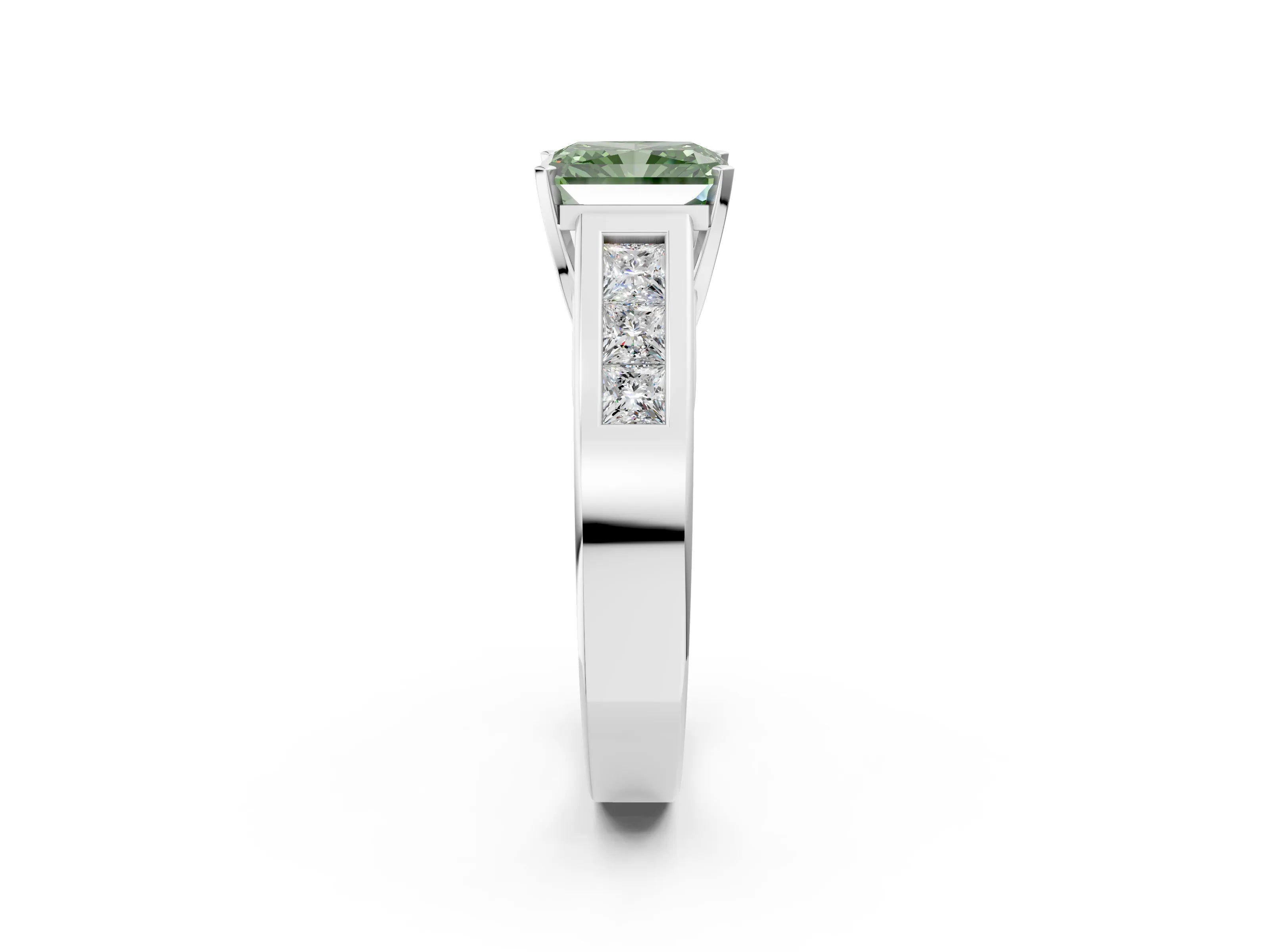 White gold Fancy Green Radiant Cut Cut Channel Set Solitaire Ring with Four-Prong Setting_2