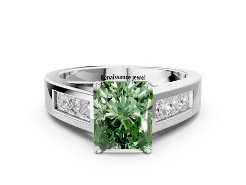 White gold Fancy Green Radiant Cut Cut Channel Set Solitaire Ring with Four-Prong Setting