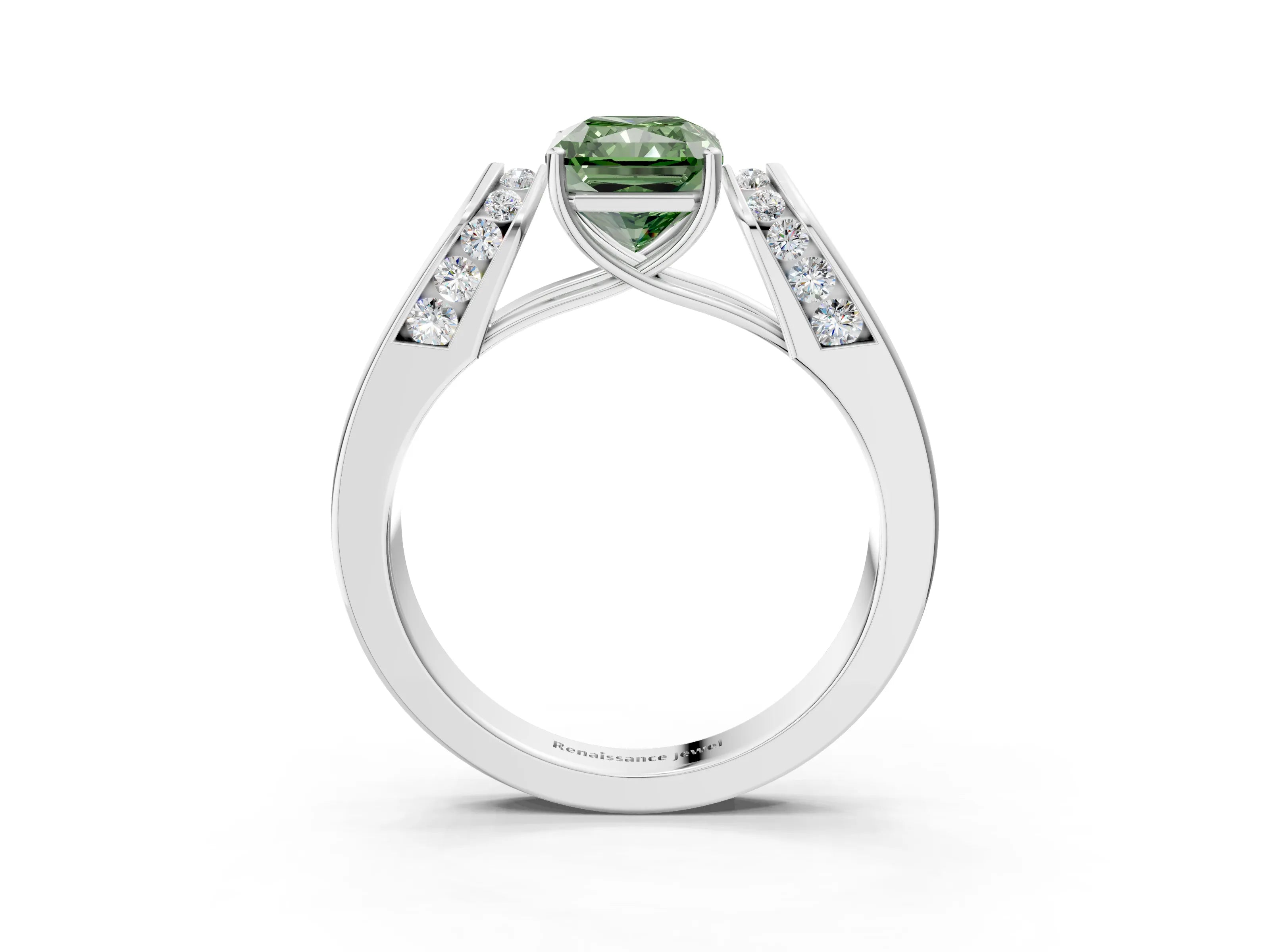 White gold Fancy Green Radiant Cut Cut Diamond Channel Set Solitaire Ring with Four-Prong Setting_3