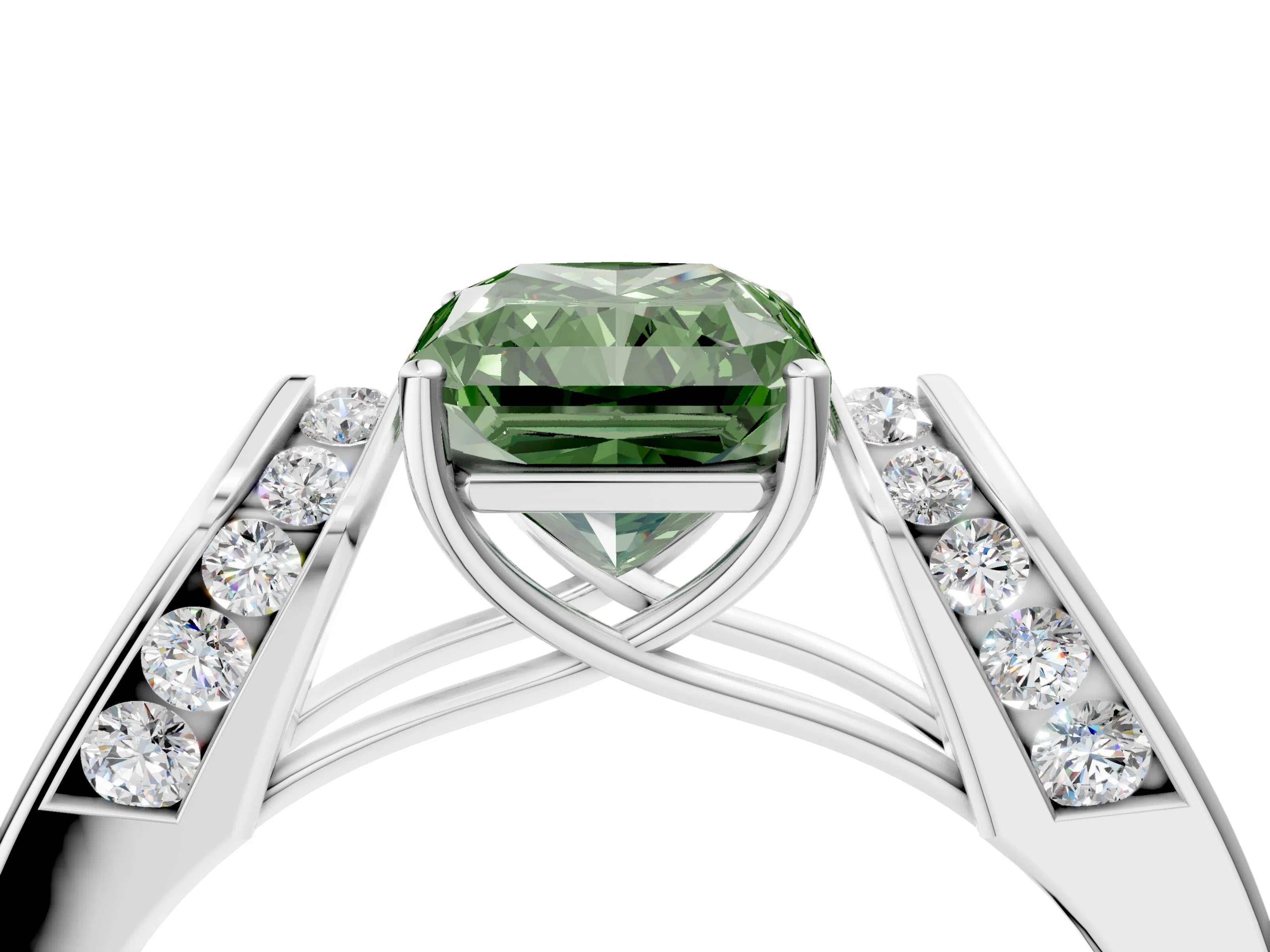 White gold Fancy Green Radiant Cut Cut Diamond Channel Set Solitaire Ring with Four-Prong Setting_4