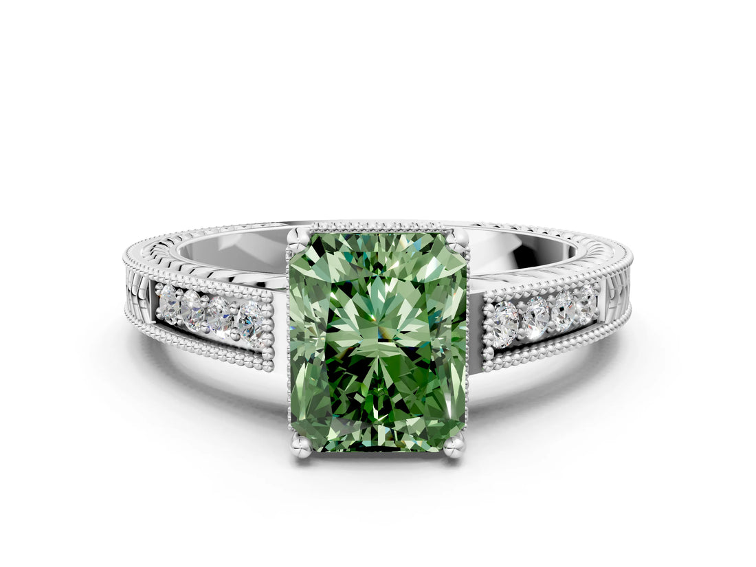 White gold Fancy Green Radiant Cut Cut Diamond Milgrain Pave Band Four-Prong Setting Ring_27