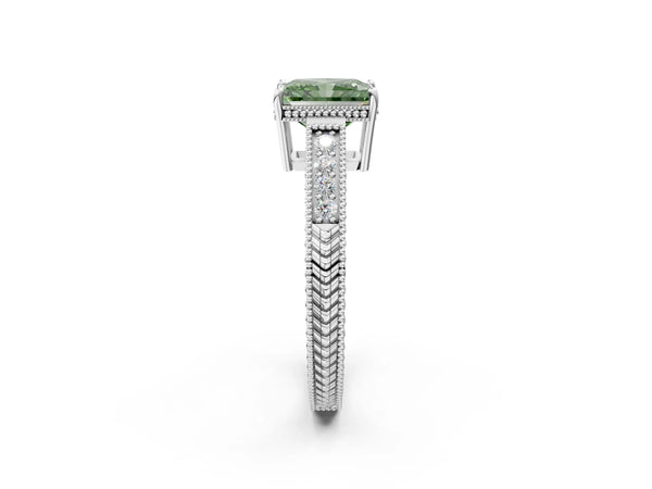Platinum Fancy Green Radiant Cut Cut Diamond Milgrain Pave Band Four-Prong Setting Ring