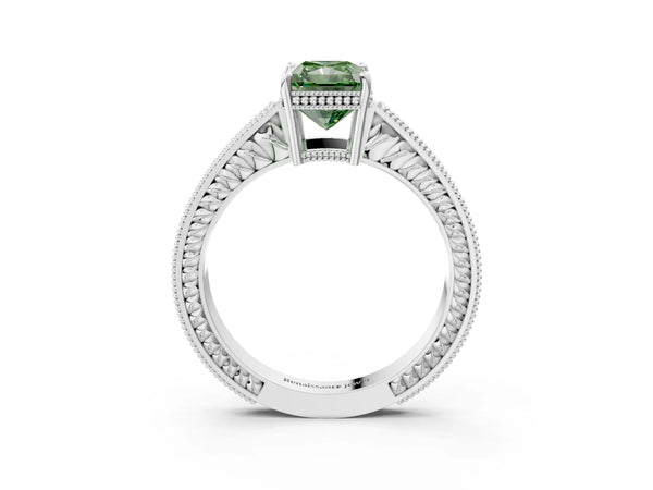 Platinum Fancy Green Radiant Cut Cut Diamond Milgrain Pave Band Four-Prong Setting Ring