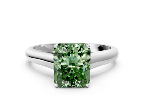 White gold Fancy Green Radiant Cut Cut Diamond Solitaire Engagement Ring with Tapered Plain Band and Four-Prong Setting