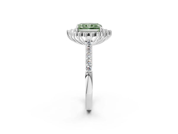 Platinum Fancy Green Radiant Cut Cut Diamond Sunburst Halo Engagement Ring with Pavé Band