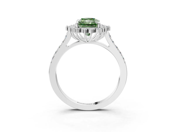 Platinum Fancy Green Radiant Cut Cut Diamond Sunburst Halo Engagement Ring with Pavé Band