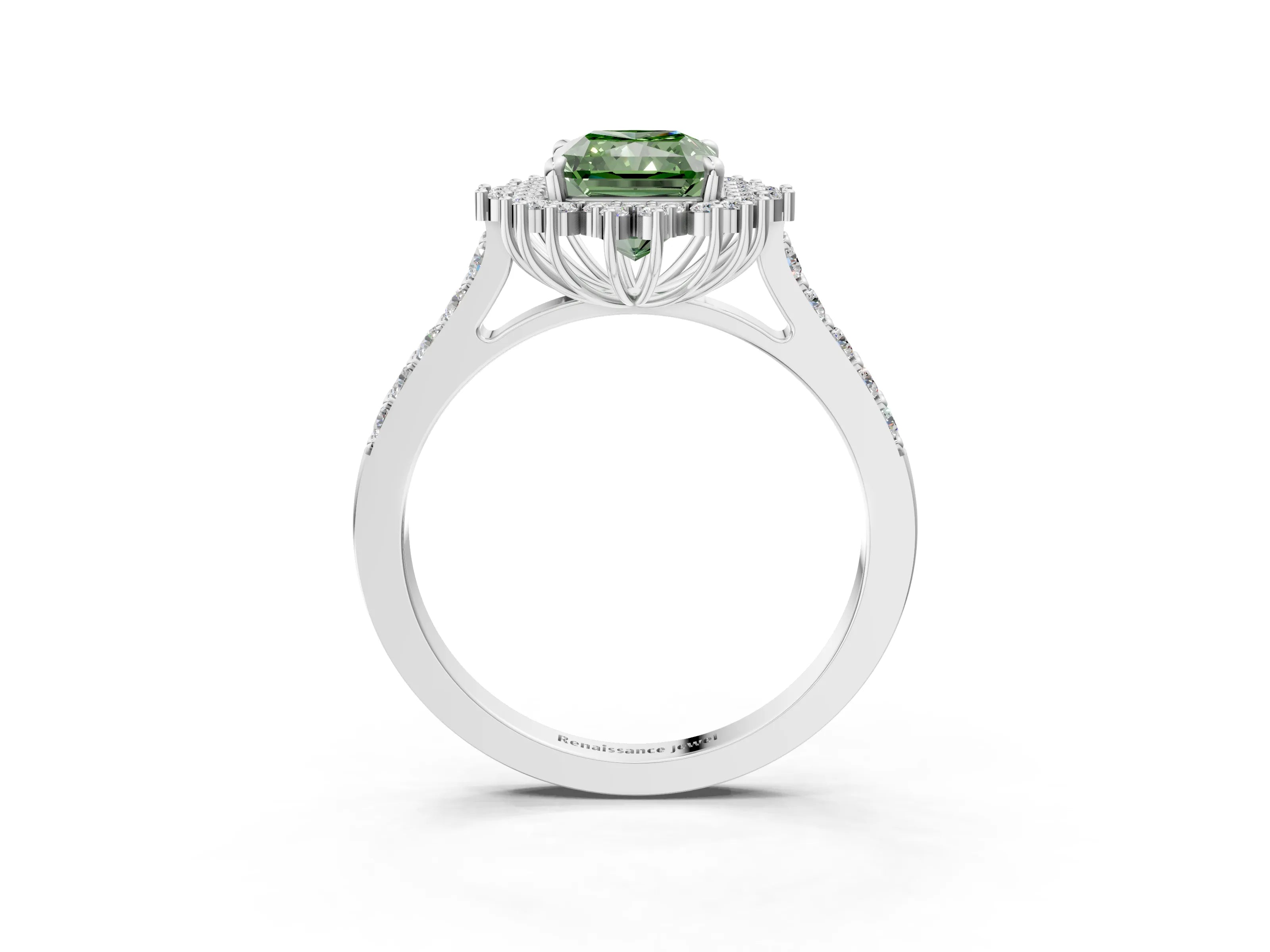 White gold Fancy Green Radiant Cut Cut Diamond Sunburst Halo Engagement Ring with Pavé Band_15