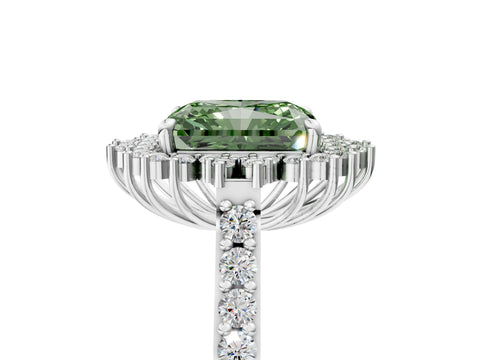 White gold Fancy Green Radiant Cut Cut Diamond Sunburst Halo Engagement Ring with Pavé Band_17