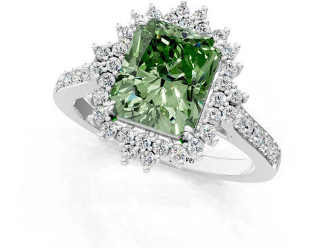 White gold Fancy Green Radiant Cut Cut Diamond Sunburst Halo Engagement Ring with Pavé Band_1