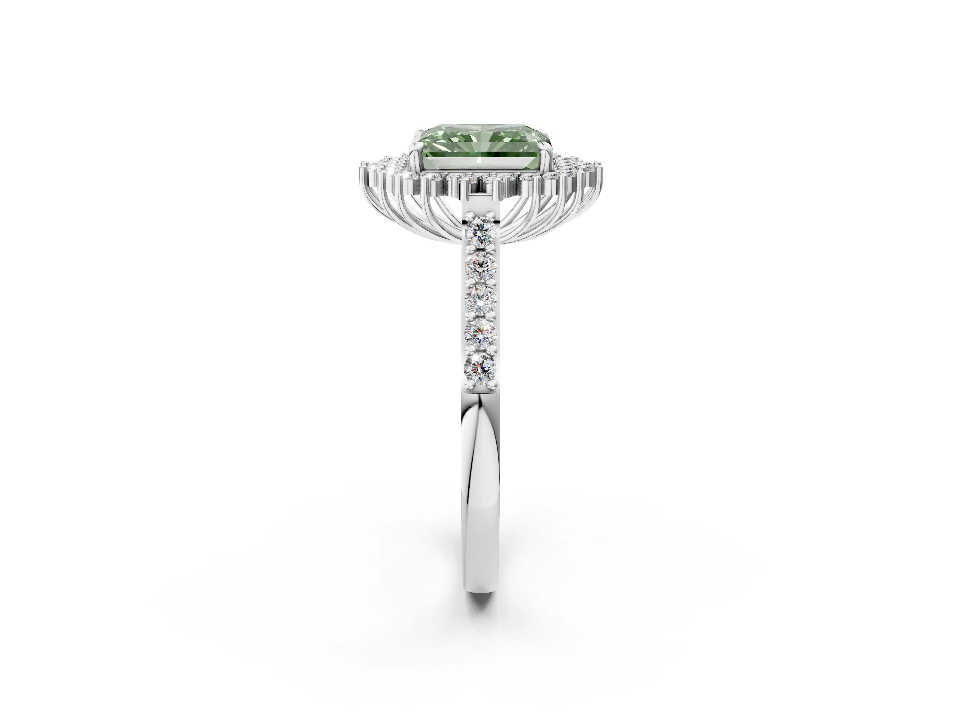 White gold Fancy Green Radiant Cut Cut Diamond Sunburst Halo Engagement Ring with Pavé Band_2