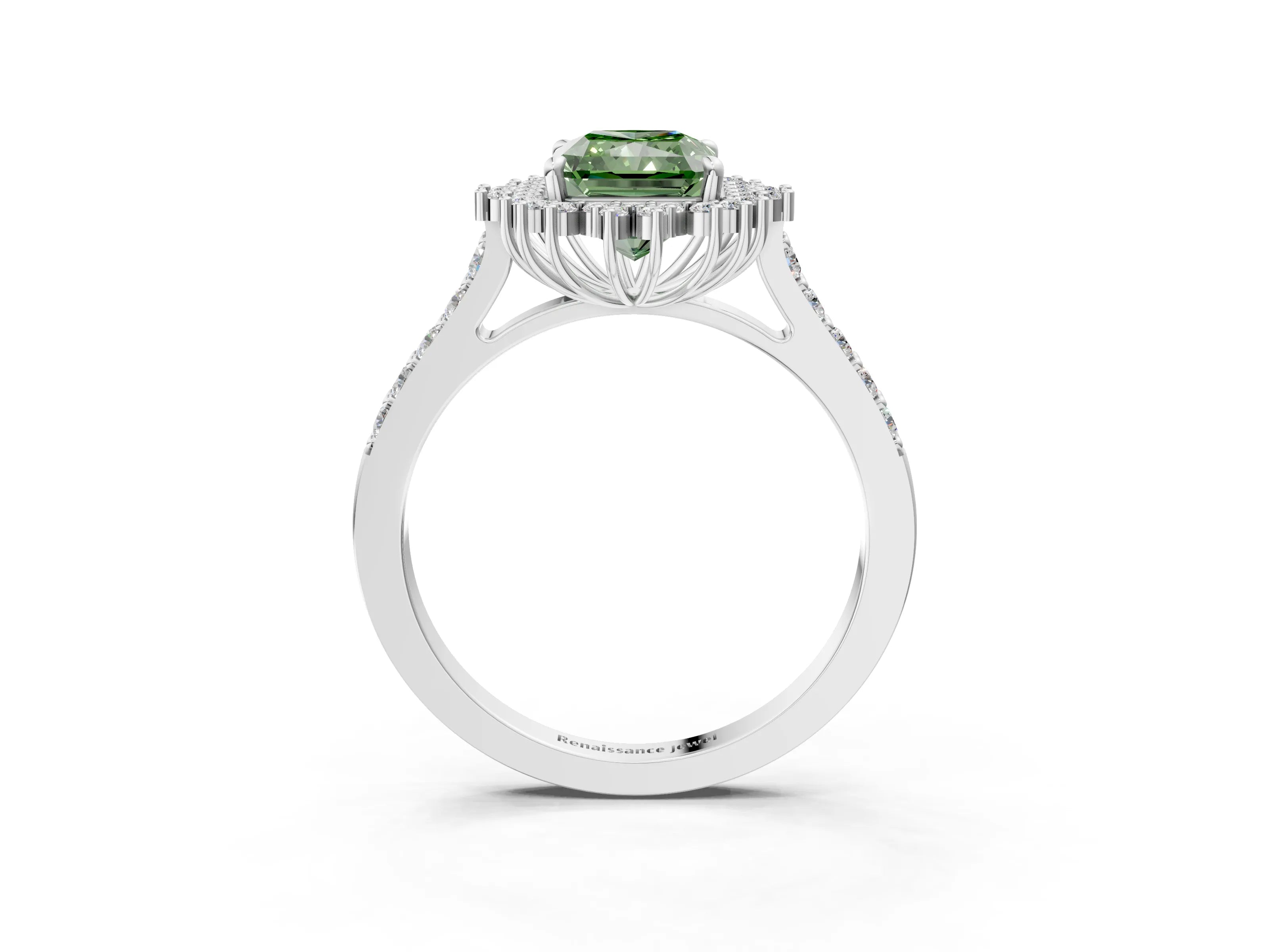 White gold Fancy Green Radiant Cut Cut Diamond Sunburst Halo Engagement Ring with Pavé Band_3