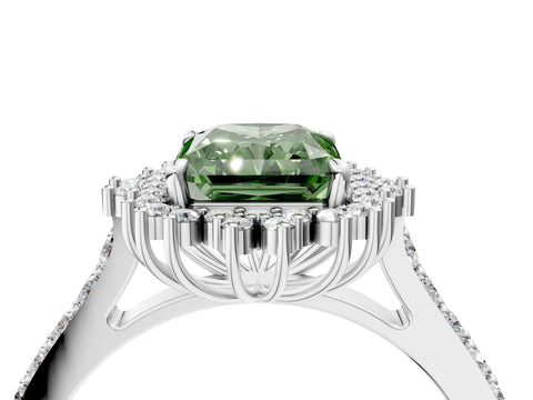 White gold Fancy Green Radiant Cut Cut Diamond Sunburst Halo Engagement Ring with Pavé Band_4