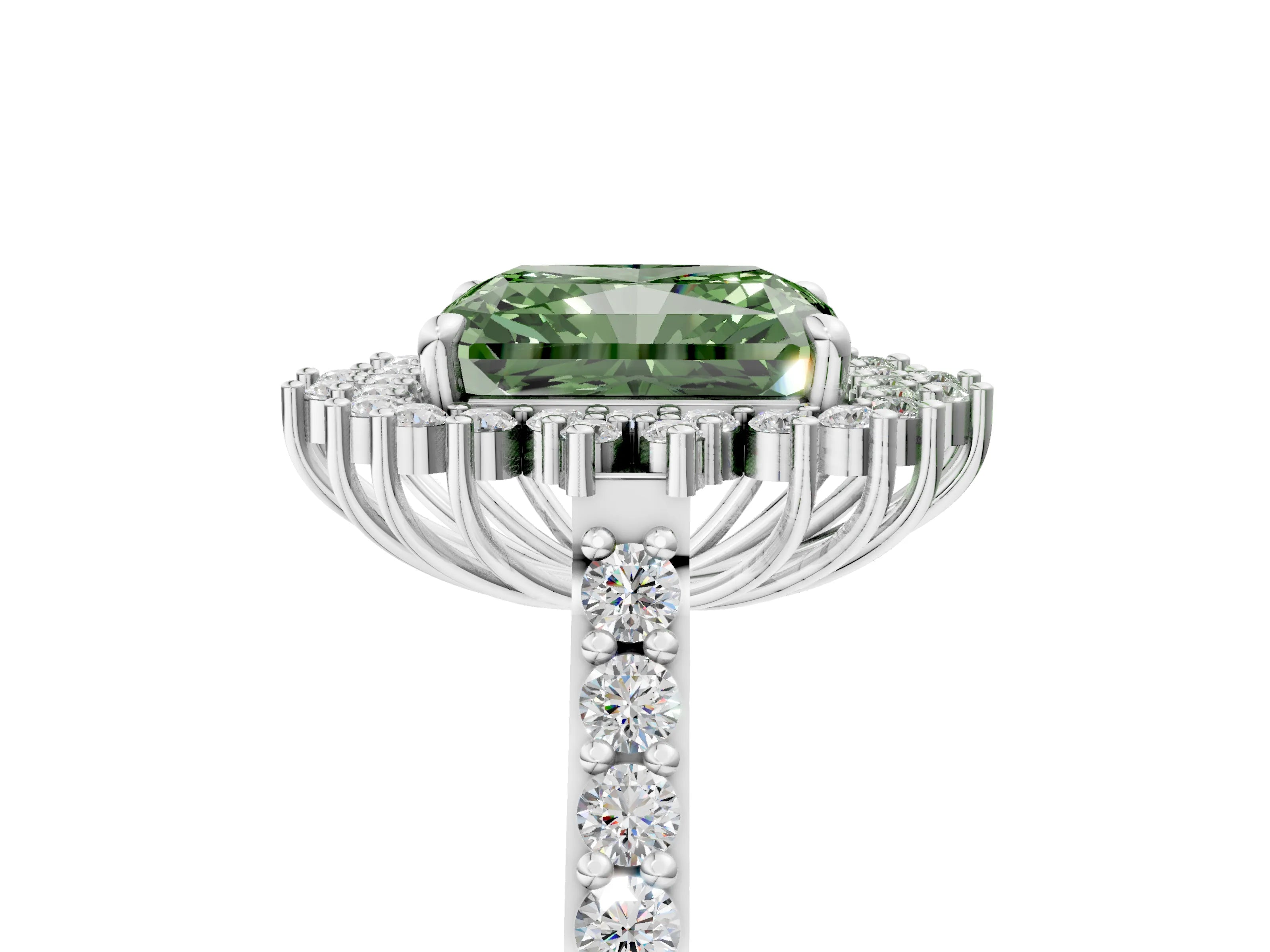 White gold Fancy Green Radiant Cut Cut Diamond Sunburst Halo Engagement Ring with Pavé Band_5