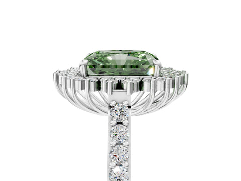 White gold Fancy Green Radiant Cut Cut Diamond Sunburst Halo Engagement Ring with Pavé Band_5