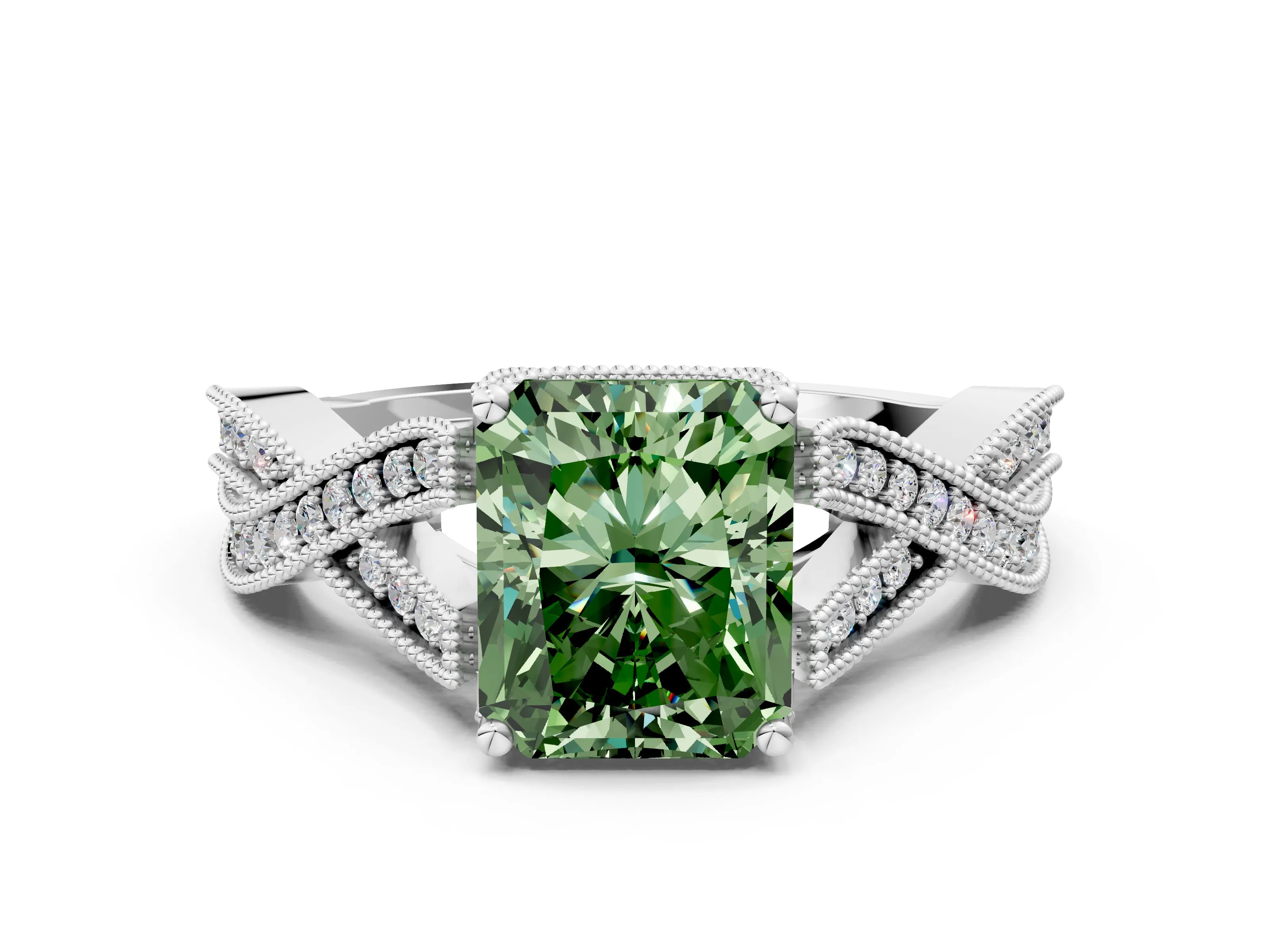 White gold Fancy Green Radiant Cut Cut Diamond Twisted Band with Milgrain Pave Setting and Four-Prong Setting