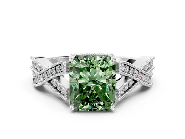 White Gold Radiant Cut Graduated Pave Twist Engagement Ring Setting for Fancy Green Center
