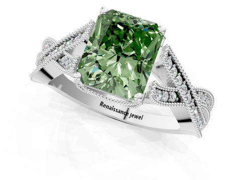 White gold Fancy Green Radiant Cut Cut Diamond Twisted Band with Milgrain Pave Setting and Four-Prong Setting_13
