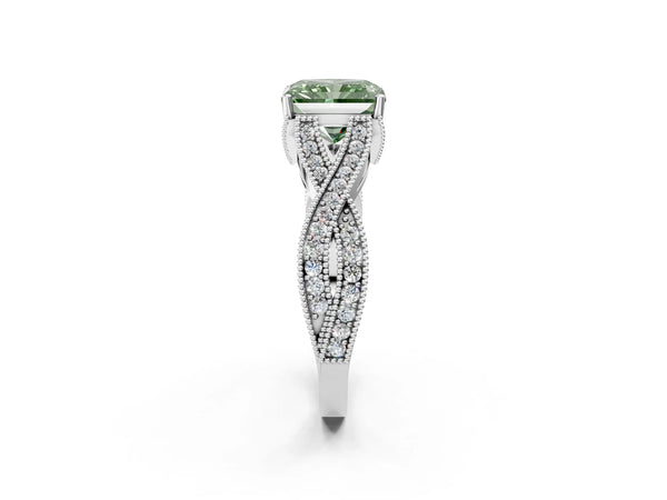 White Gold Radiant Cut Graduated Pave Twist Engagement Ring Setting for Fancy Green Center
