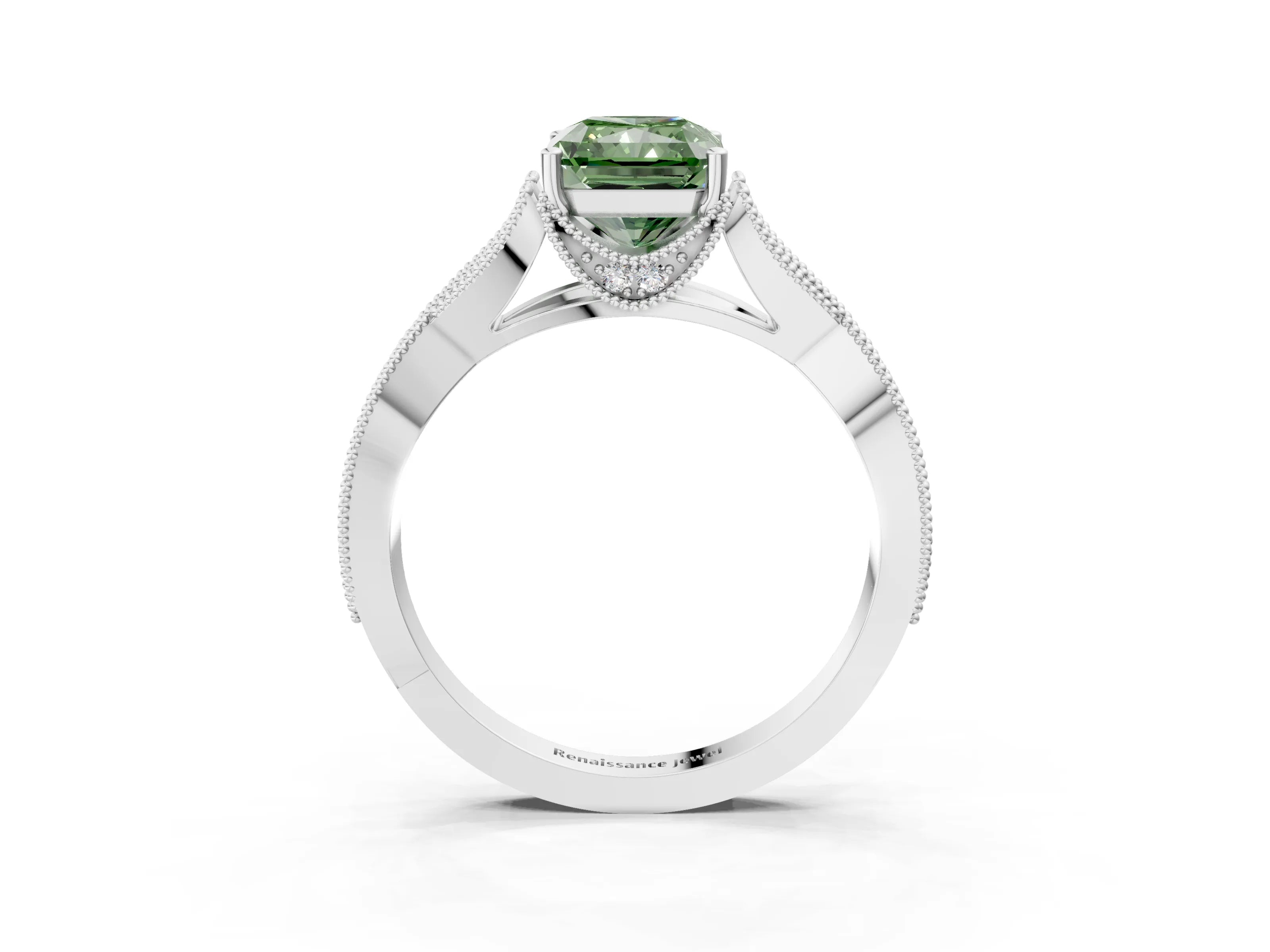 White gold Fancy Green Radiant Cut Cut Diamond Twisted Band with Milgrain Pave Setting and Four-Prong Setting_15