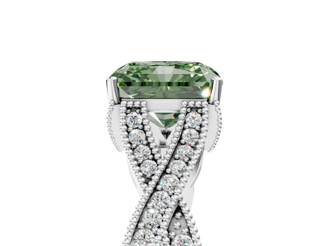 White gold Fancy Green Radiant Cut Cut Diamond Twisted Band with Milgrain Pave Setting and Four-Prong Setting_17