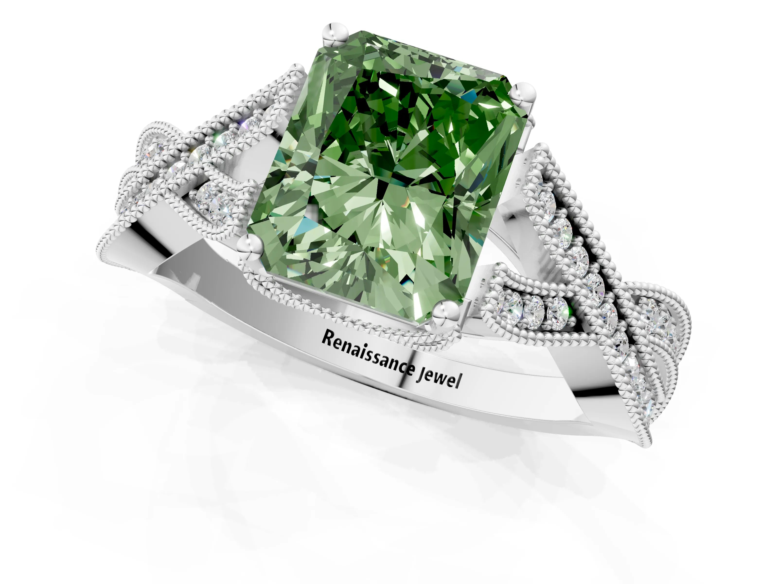 White gold Fancy Green Radiant Cut Cut Diamond Twisted Band with Milgrain Pave Setting and Four-Prong Setting_1