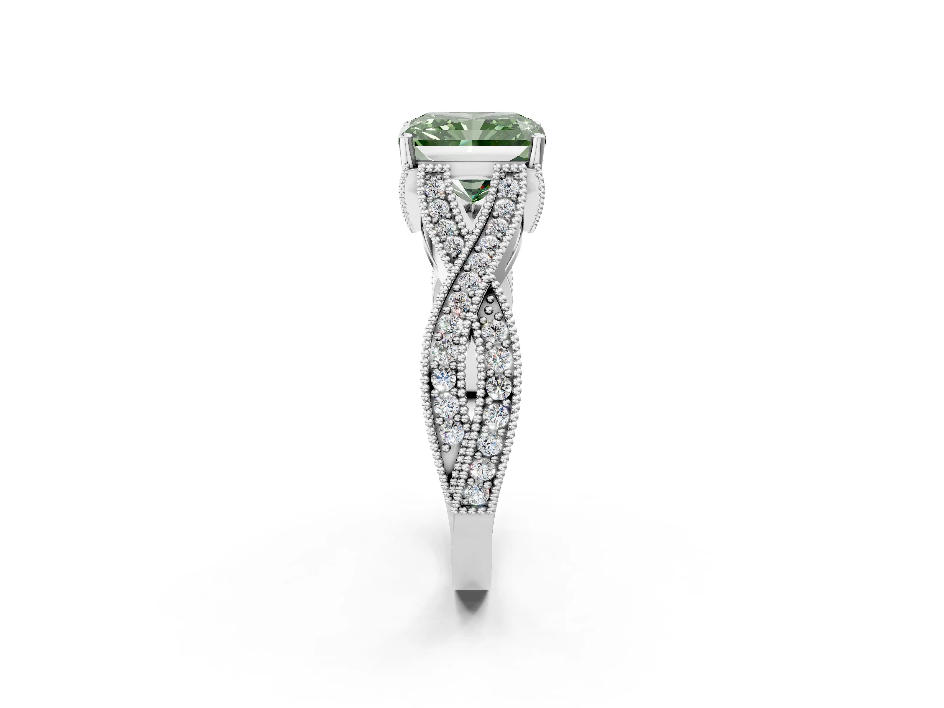White gold Fancy Green Radiant Cut Cut Diamond Twisted Band with Milgrain Pave Setting and Four-Prong Setting_2