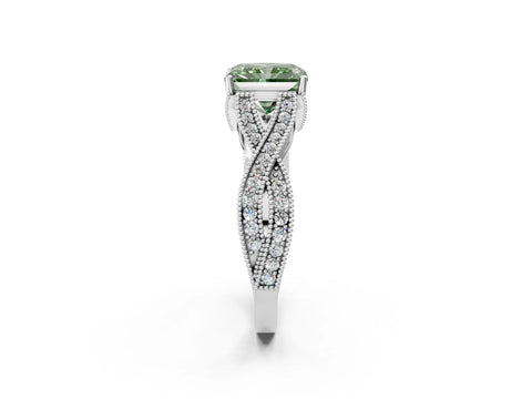 White gold Fancy Green Radiant Cut Cut Diamond Twisted Band with Milgrain Pave Setting and Four-Prong Setting_2