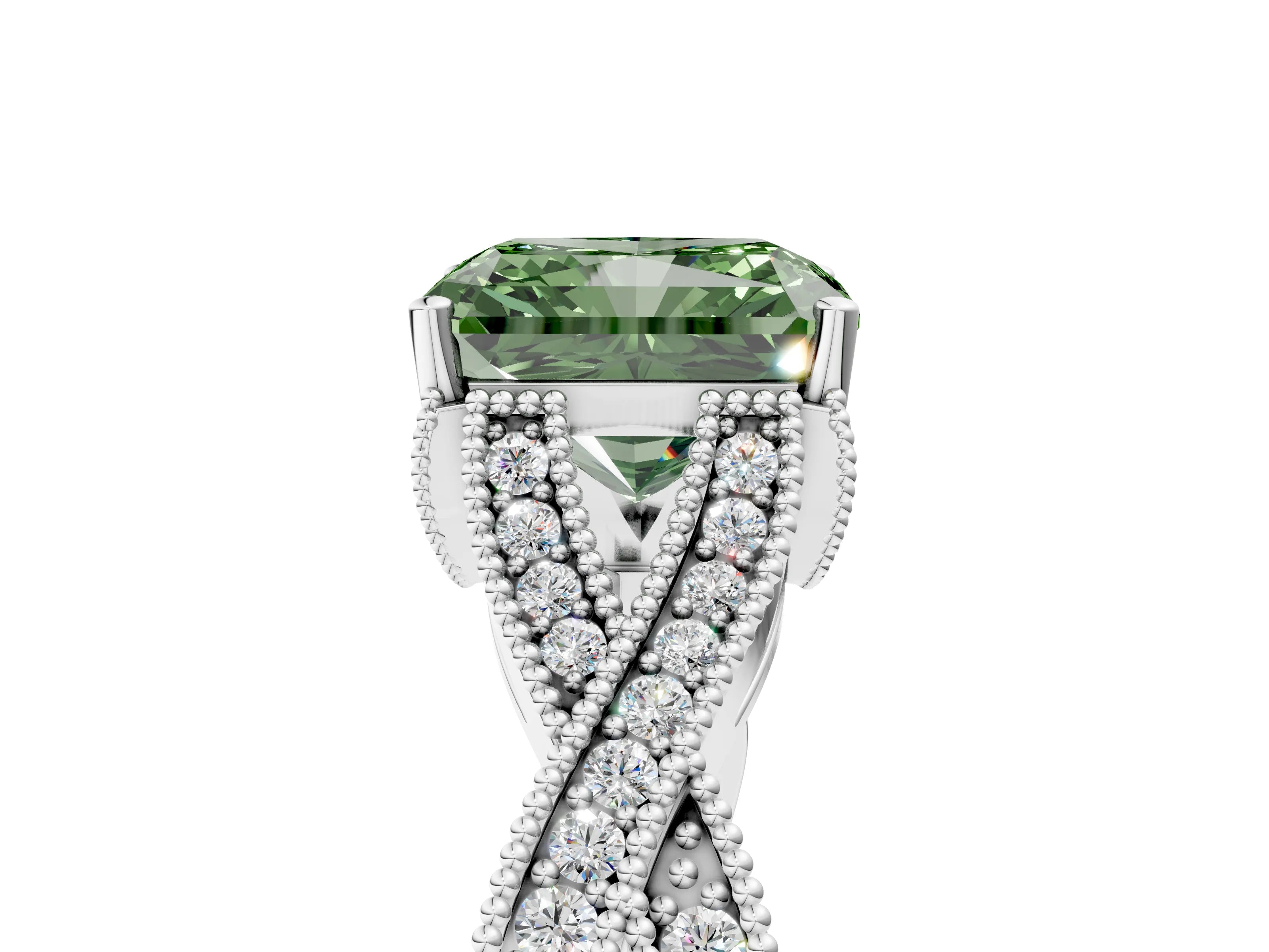 White gold Fancy Green Radiant Cut Cut Diamond Twisted Band with Milgrain Pave Setting and Four-Prong Setting_5