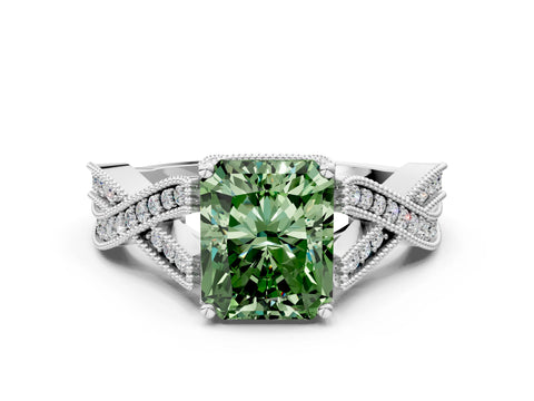White gold Fancy Green Radiant Cut Cut Diamond Twisted Band with Milgrain Pave Setting and Four-Prong Setting
