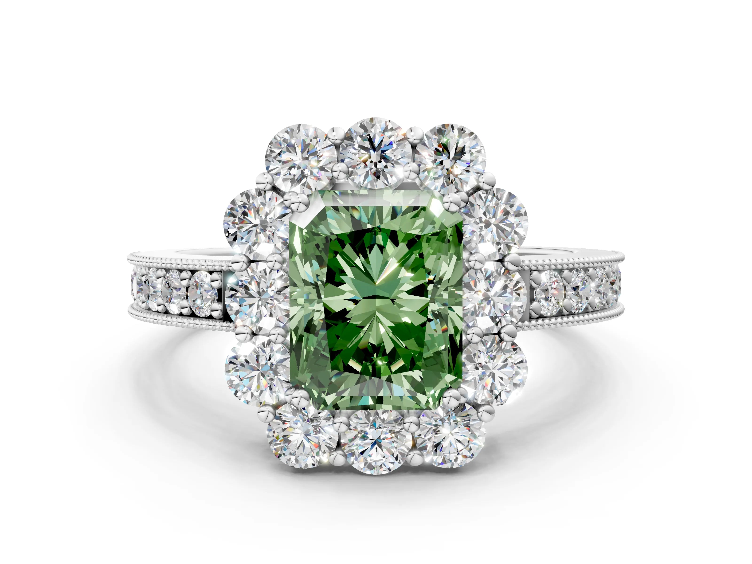 White gold Fancy Green Radiant Cut Cut Halo Diamond Pavé Engagement Ring with Milgrain Detailing_12