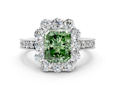 White gold Fancy Green Radiant Cut Cut Halo Diamond Pavé Engagement Ring with Milgrain Detailing_12
