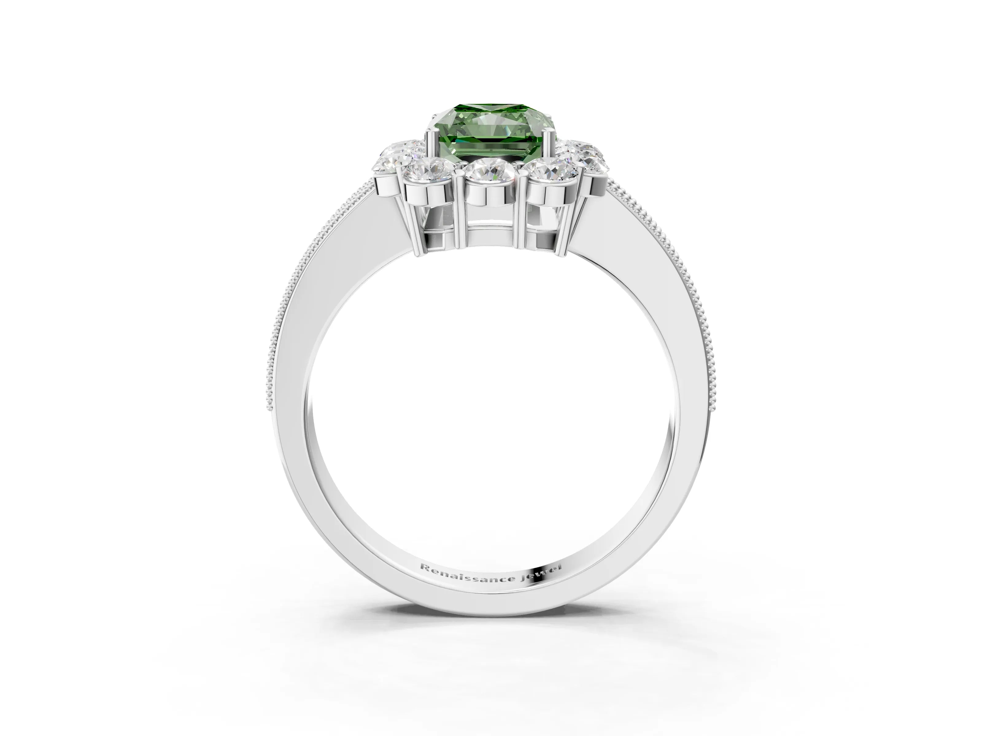 White gold Fancy Green Radiant Cut Cut Halo Diamond Pavé Engagement Ring with Milgrain Detailing_15