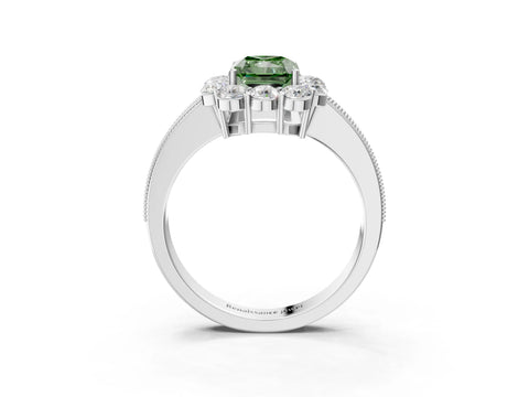 White gold Fancy Green Radiant Cut Cut Halo Diamond Pavé Engagement Ring with Milgrain Detailing_15