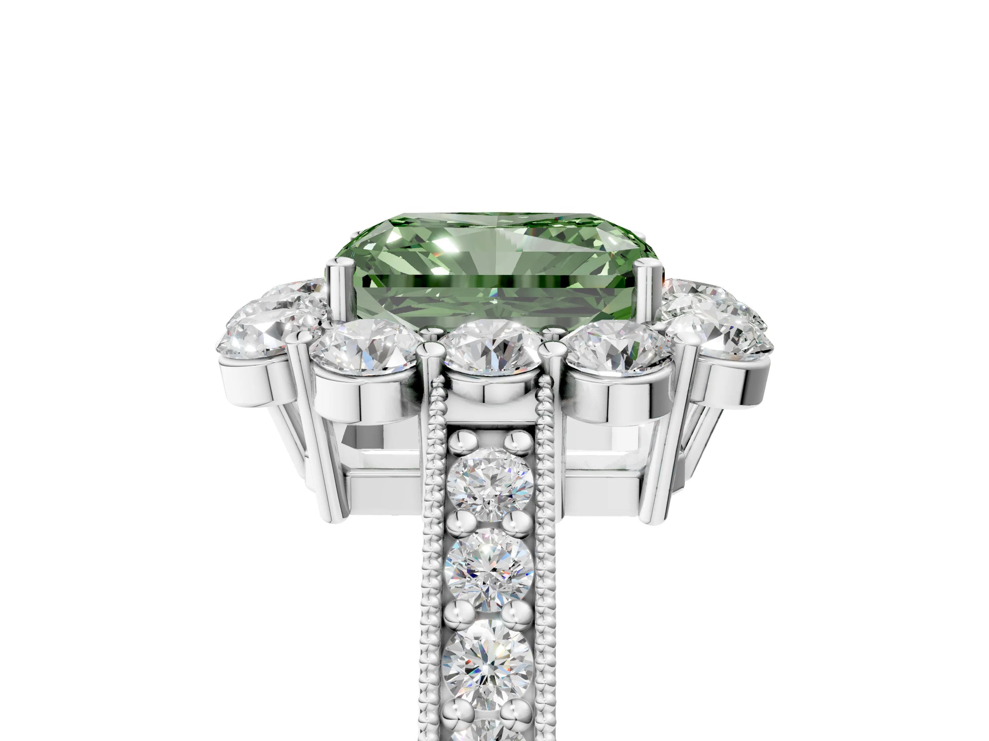 White gold Fancy Green Radiant Cut Cut Halo Diamond Pavé Engagement Ring with Milgrain Detailing_17