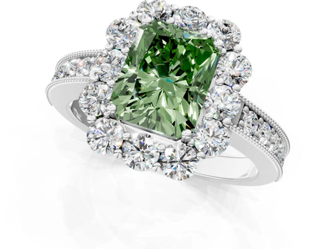 White gold Fancy Green Radiant Cut Cut Halo Diamond Pavé Engagement Ring with Milgrain Detailing_1