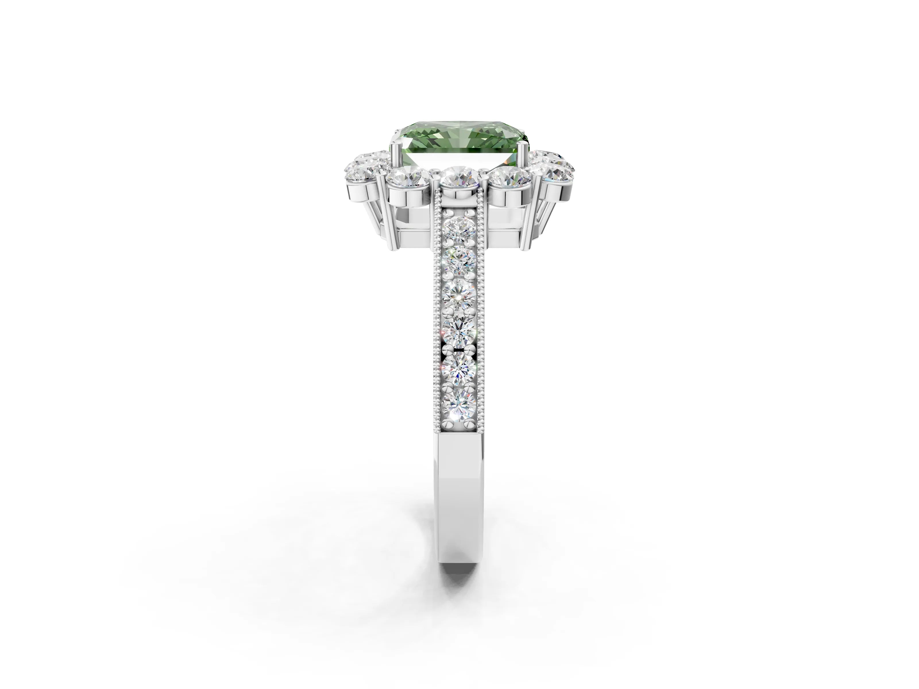 White gold Fancy Green Radiant Cut Cut Halo Diamond Pavé Engagement Ring with Milgrain Detailing_2