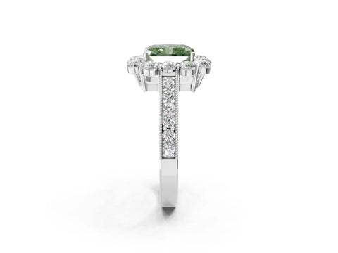 White gold Fancy Green Radiant Cut Cut Halo Diamond Pavé Engagement Ring with Milgrain Detailing_2