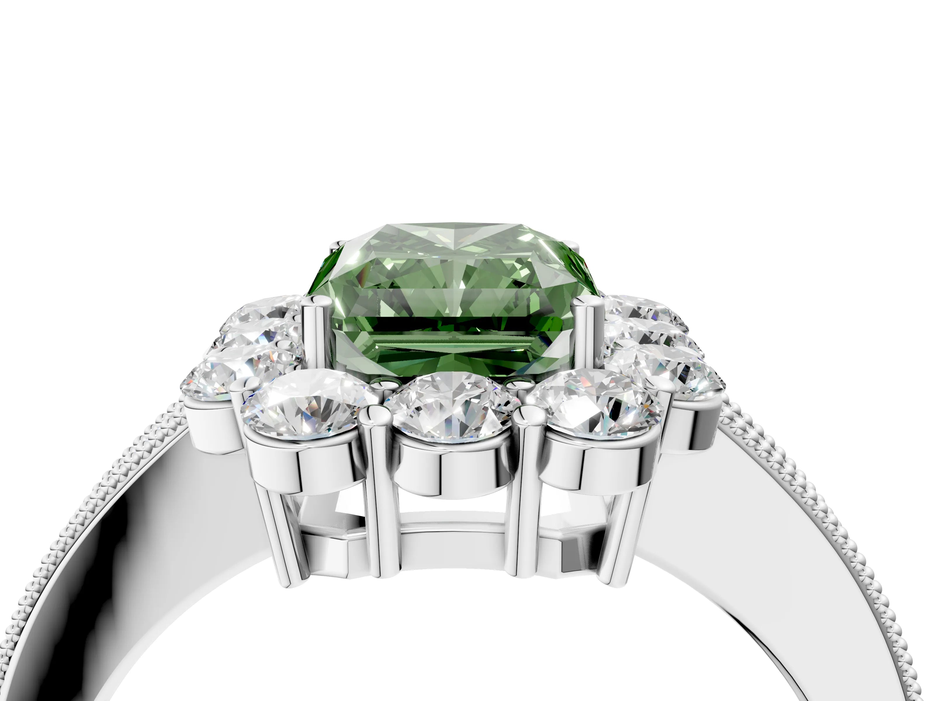 White gold Fancy Green Radiant Cut Cut Halo Diamond Pavé Engagement Ring with Milgrain Detailing_4