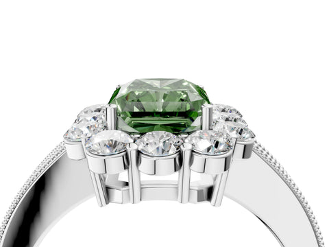 White gold Fancy Green Radiant Cut Cut Halo Diamond Pavé Engagement Ring with Milgrain Detailing_4