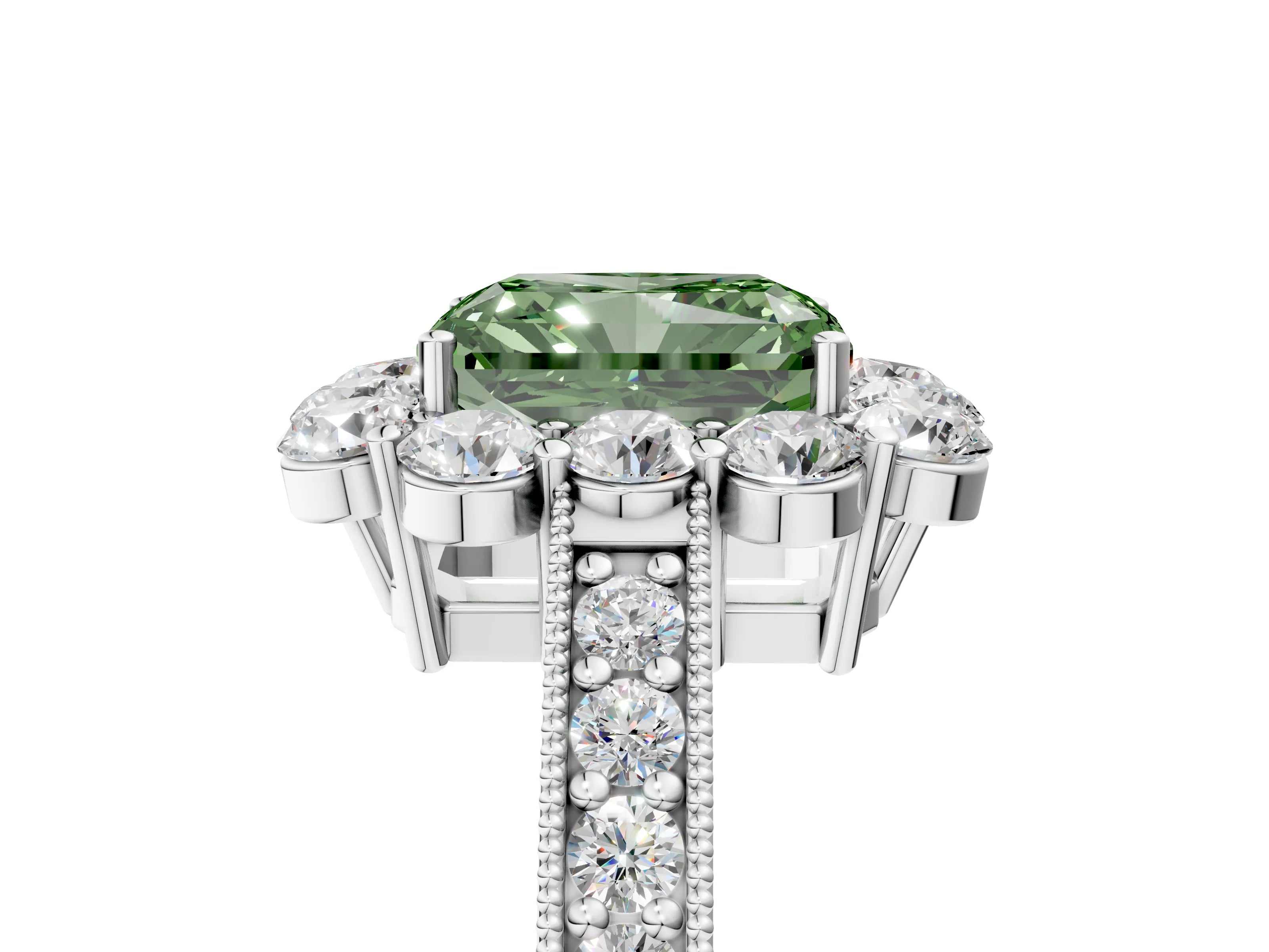 White gold Fancy Green Radiant Cut Cut Halo Diamond Pavé Engagement Ring with Milgrain Detailing_5
