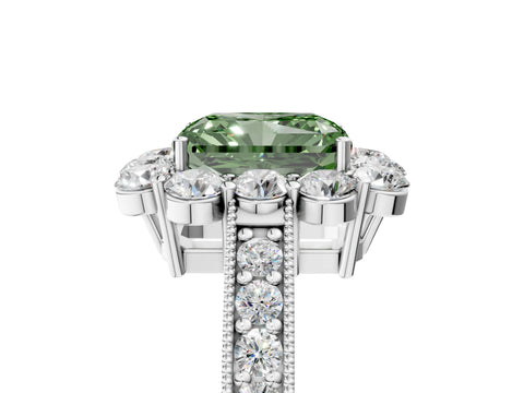 White gold Fancy Green Radiant Cut Cut Halo Diamond Pavé Engagement Ring with Milgrain Detailing_5