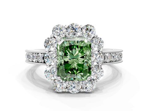 White gold Fancy Green Radiant Cut Cut Halo Diamond Pavé Engagement Ring with Milgrain Detailing