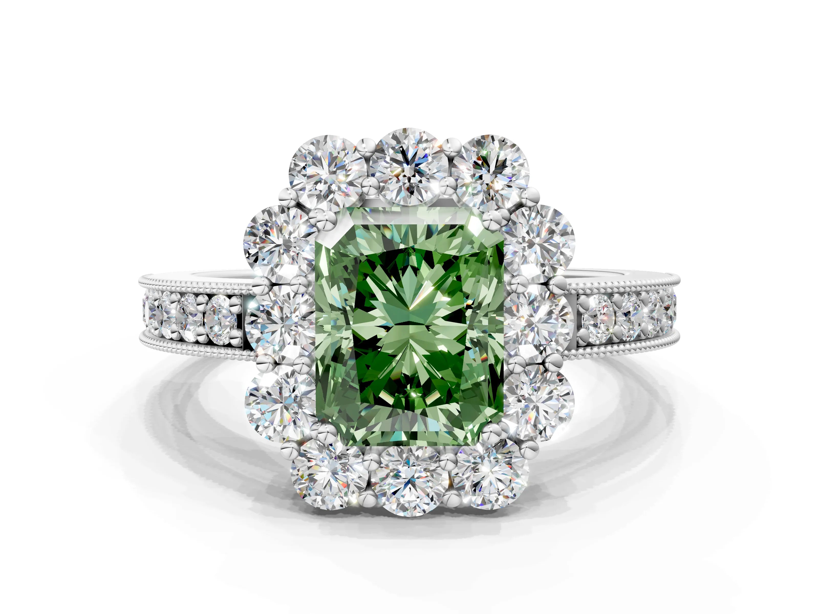 White gold Fancy Green Radiant Cut Cut Halo Diamond Pavé Engagement Ring with Milgrain Detailing