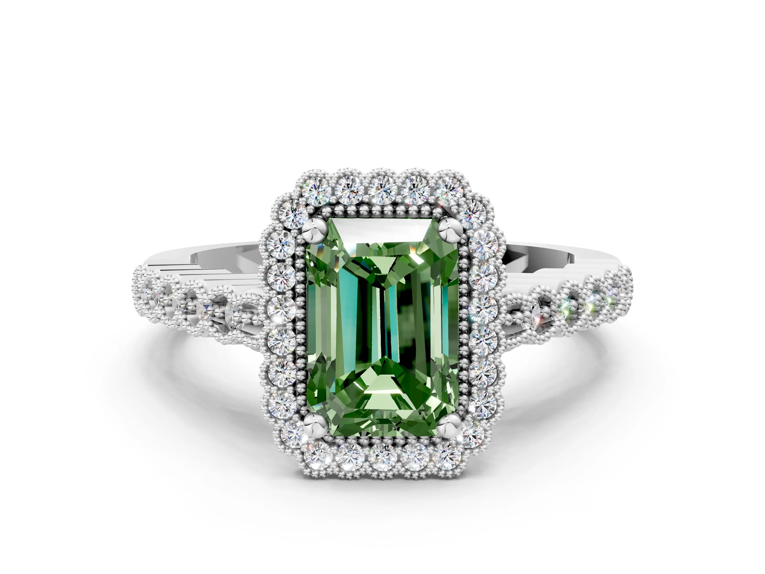 White gold Fancy Green Radiant Cut Cut Halo Pavé Solitaire Ring with Milgrain Band_12