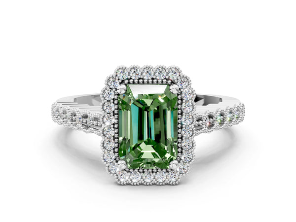White gold Fancy Green Radiant Cut Cut Halo Pavé Solitaire Ring with Milgrain Band