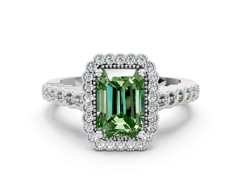 White gold Fancy Green Radiant Cut Cut Halo Pavé Solitaire Ring with Milgrain Band_12
