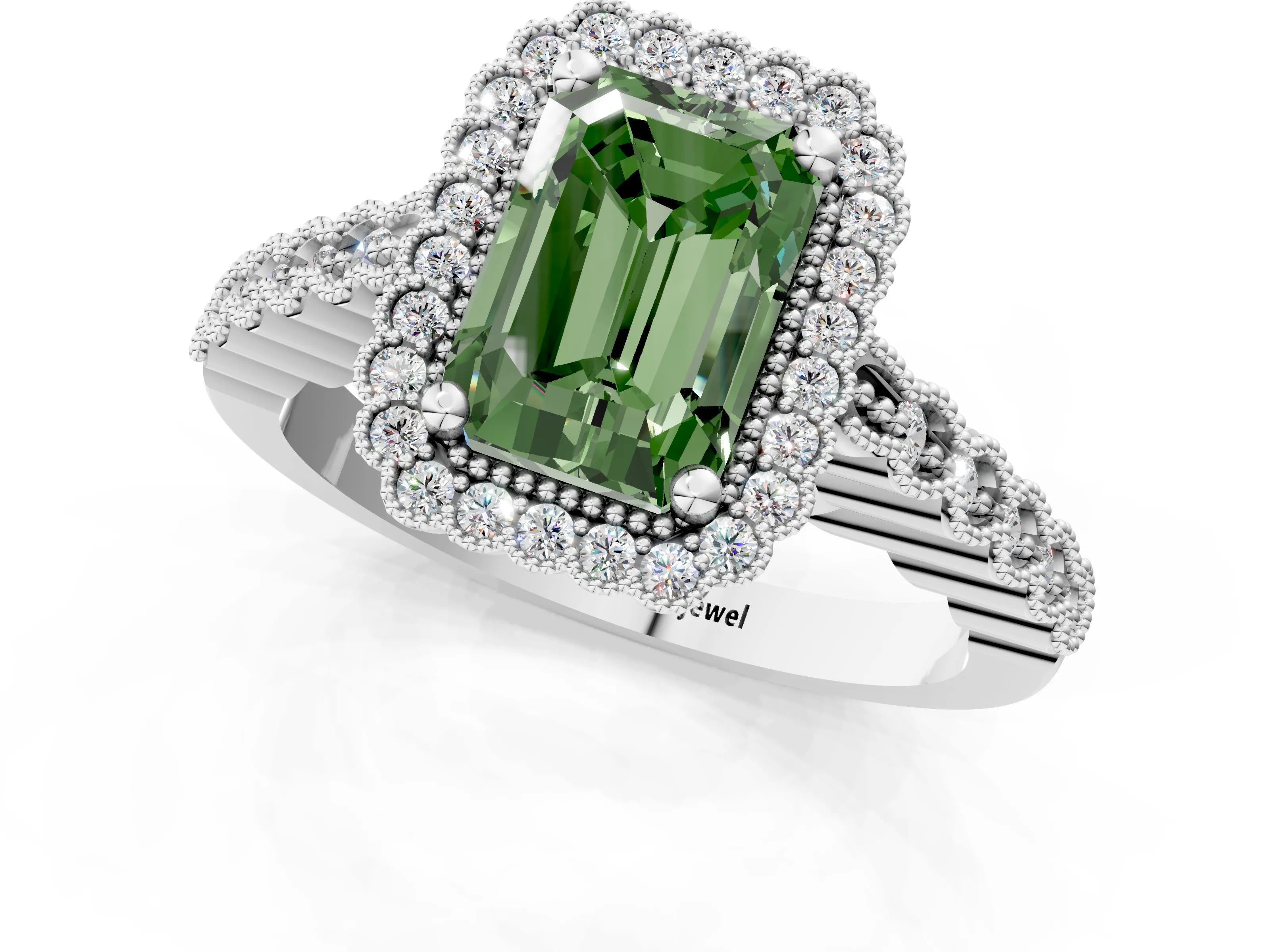 White gold Fancy Green Radiant Cut Cut Halo Pavé Solitaire Ring with Milgrain Band_13