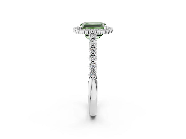 White gold Fancy Green Radiant Cut Cut Halo Pavé Solitaire Ring with Milgrain Band
