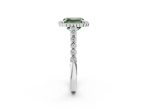 White gold Fancy Green Radiant Cut Cut Halo Pavé Solitaire Ring with Milgrain Band_14